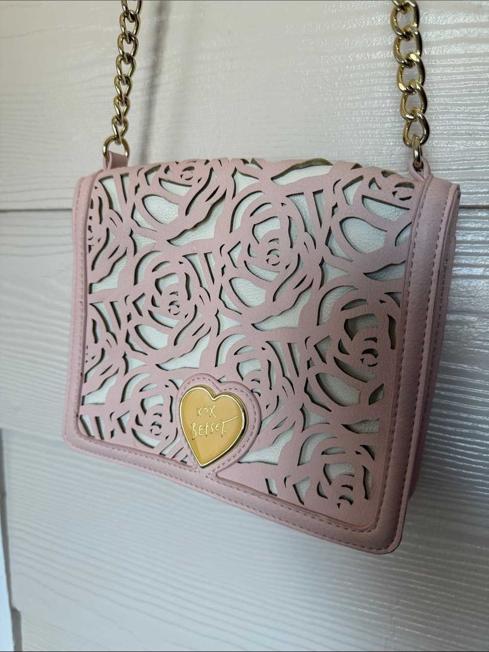 Betsey Johnson Pink Laser-Cut Rose Heart Plaque Crossbody